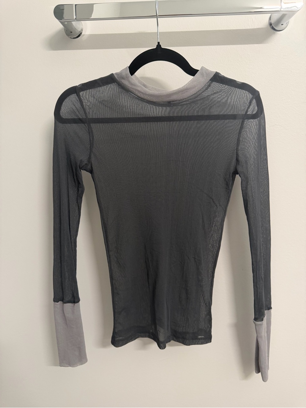 Free People Black Sheer Mesh Long-Sleeve Top with Gray Contrast Cuffs